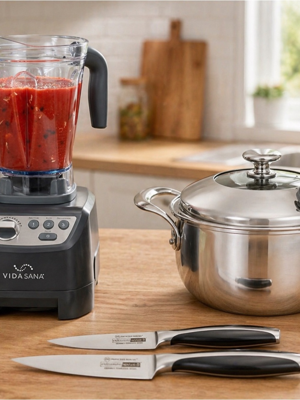 Princess house kitchen set gray blender 4 qt pot and two knives